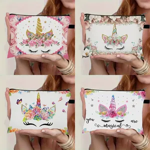 Große Kapazität Einhorn Blumen Druck Polyester Kosmetiktasche Tragbare Reißverschluss Kulturbeutel Federmäppchen Für Damen Mädchen Schule Reisen