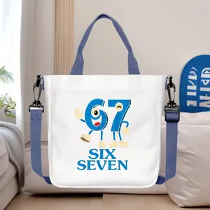 Thick wear-resistant small white canvas tote bag with blue handles and 67 print