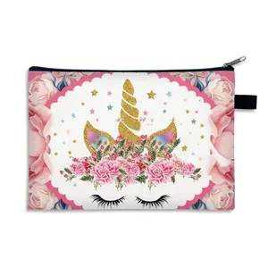 Einhorn Polyester Kosmetiktasche mit rosa Blumenkranz und schwarzem Reißverschluss