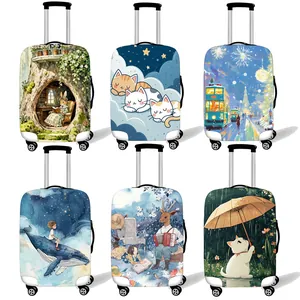 Detailed grid view of six elastic polyester suitcase covers with cute hand-drawn illustrations