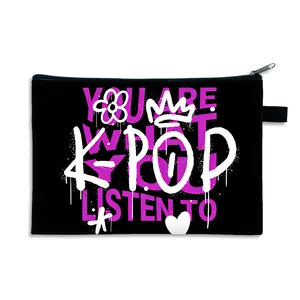 Trousse à maquillage K-POP noire en polyester avec graffiti et fermeture éclair