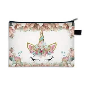 Einhorn Polyester Aufbewahrungstasche mit Reißverschluss und floralem Horn auf Weiß