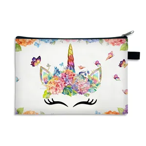 Große Kosmetiktasche aus Polyester mit Einhorn-Blumenmuster und schwarzem Reißverschluss