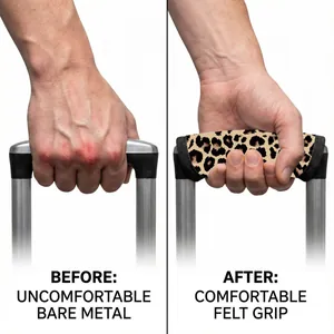 Leopard print felt handle cover for luggage suitcase, showing before and after comparison