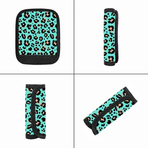 Blue leopard print luggage handle wrap with velcro closure shown from multiple angles