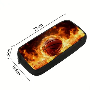 Detailed view of large capacity pencil case with flaming basketball print and 21cm size markings
