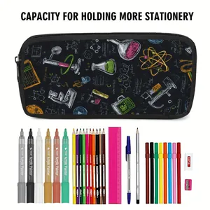 Large capacity science themed black pencil case with various stationery items set