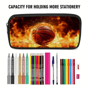 Large capacity black pencil case with flame basketball print and various stationery items