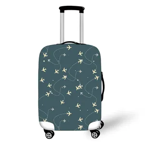 Elastic luggage cover with airplane flight path pattern on deep teal durable fabric