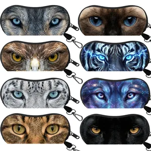 Detail showing 8 animal print eyewear pouches with zipper closure and swivel hooks