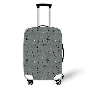 Elastic luggage protector with grey fabric and black airplane flight path patterns
