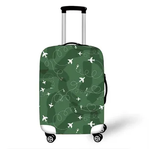 Elastic suitcase protector with aircraft pattern design on dark green background