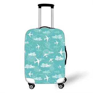 Elastic suitcase cover with blue aviation patterns on a white travel luggage