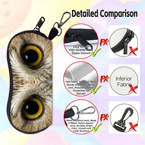 Detailed view of the felt owl glasses case showing metal zipper and carabiner hook