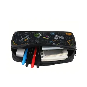 Large capacity black stationery pouch with science themed prints and interior storage view