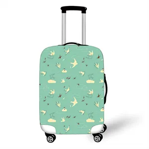 Elastic suitcase cover with swallow and cloud patterns on green fabric with silver handles