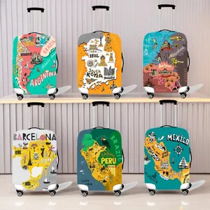 Elastic Luggage Cover Polyester Spandex Thick Travel Suitcase Protector Landmark Map Print Dustproof Washable Bag Cover