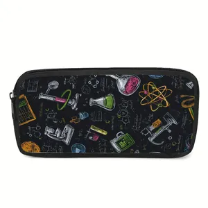 Large capacity black pencil case featuring colorful science and chemistry lab patterns