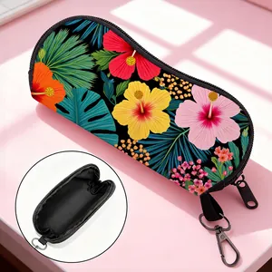 Portable tropical floral print sunglasses case with zipper and hanging swivel hook