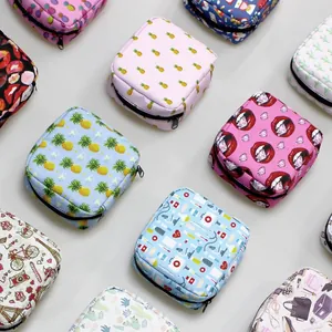 Polyester Sanitary Napkin Storage Bag For Women Square Menstrual Pad Pouch With Zipper Floral Pattern Travel Period Bag