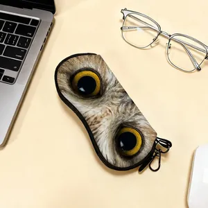 Portable eyeglass case with 3D owl eye print, zipper closure and handy carabiner clip