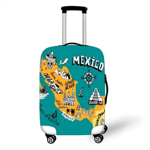 Detailed close-up of elastic luggage cover with colorful Mexico world map printing