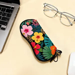 Portable Tropical Hibiscus Print Sunglasses Bag With Carabiner Hook Felt Soft Eyeglasses Case Zipper Pouch For Travel