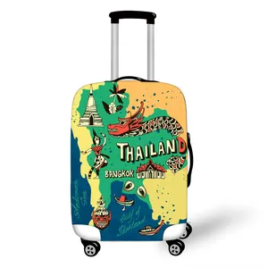 Thick elastic luggage cover with Thailand landmarks and traditional dancers print