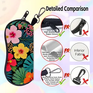 Felt sunglasses pouch with floral print featuring a durable zipper and metal carabiner hook