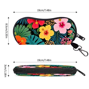 Portable tropical print eyewear case with zipper and carabiner clip in dual views