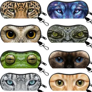 Portable animal print zipper eyewear cases with carabiner clips in eight assorted patterns