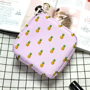 Minimalist purple square sanitary pad storage pouch with pineapple print on grid background