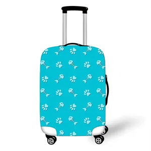 Elastic blue travel suitcase cover with cute animal paw prints and fish bone patterns