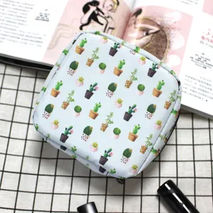 Minimalist cactus print sanitary pad storage bag with large capacity on white grid