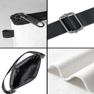 Detailed views of the white plush shoulder bag featuring black hardware and soft fabric texture