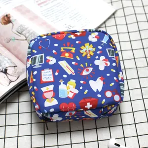 Blue portable sanitary pouch with cartoon medical patterns and secure zipper