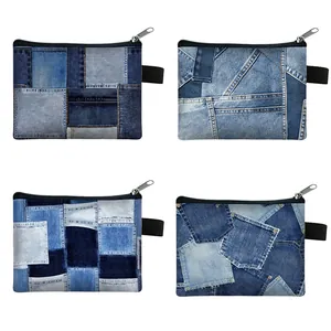 Mini Tragbare Münzbörse Für Studenten Jeans-Druck Patchwork Reißverschluss Aufbewahrungstasche Für Karten Schlüssel Kleine Wasserabweisende Polyester Geldbörse