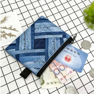 Mini-Patchwork-Jeans-Geldbeutel mit Reißverschluss und Tragegriff für Karten und Schlüssel