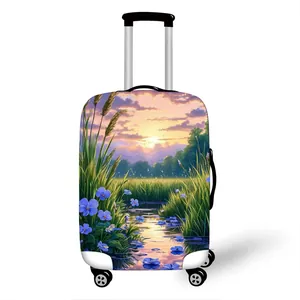 Detail of oil painting landscape printed luggage cover with 360-degree white spinner wheels
