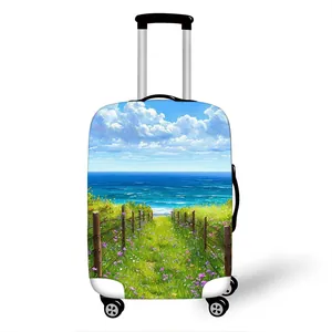 Elastic luggage cover featuring a scenic coastal path and purple flower meadow print