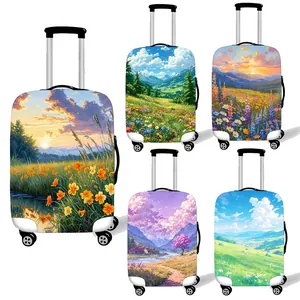 Elastic suitcase covers with artistic nature oil painting patterns for luggage protection
