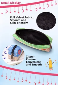 Detail of plush cartoon pencil case showing soft velvet texture and smooth metal zipper