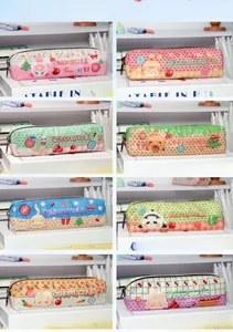 Detailed grid of cute plush animal pencil cases in pastel colors with cartoon patterns