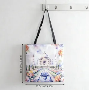 Detailweergave van canvas draagtas met 39,5 cm afmetingen en Taj Mahal kunstprint