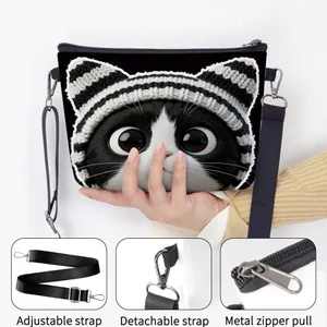 Cute black cat print crossbody bag with adjustable strap and durable silver zipper