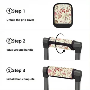 Three-step installation guide for floral fabric luggage handle protective covers