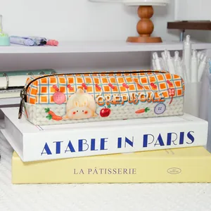 Cute bunny and cherry embroidery pencil case with large capacity storage for stationery