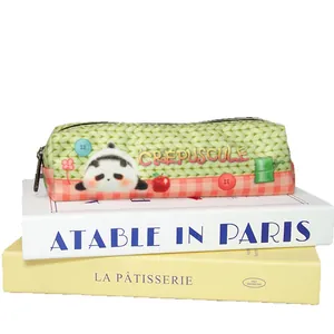 Cute green panda pencil case with knit texture print and high-capacity storage pouch