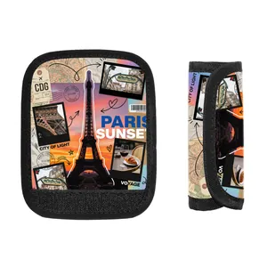Paris themed luggage handle wrap protector with vintage map and Eiffel Tower design