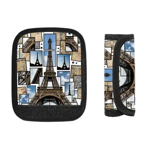 Eiffel Tower printed luggage handle wrap protector with vintage map and stamp collage design